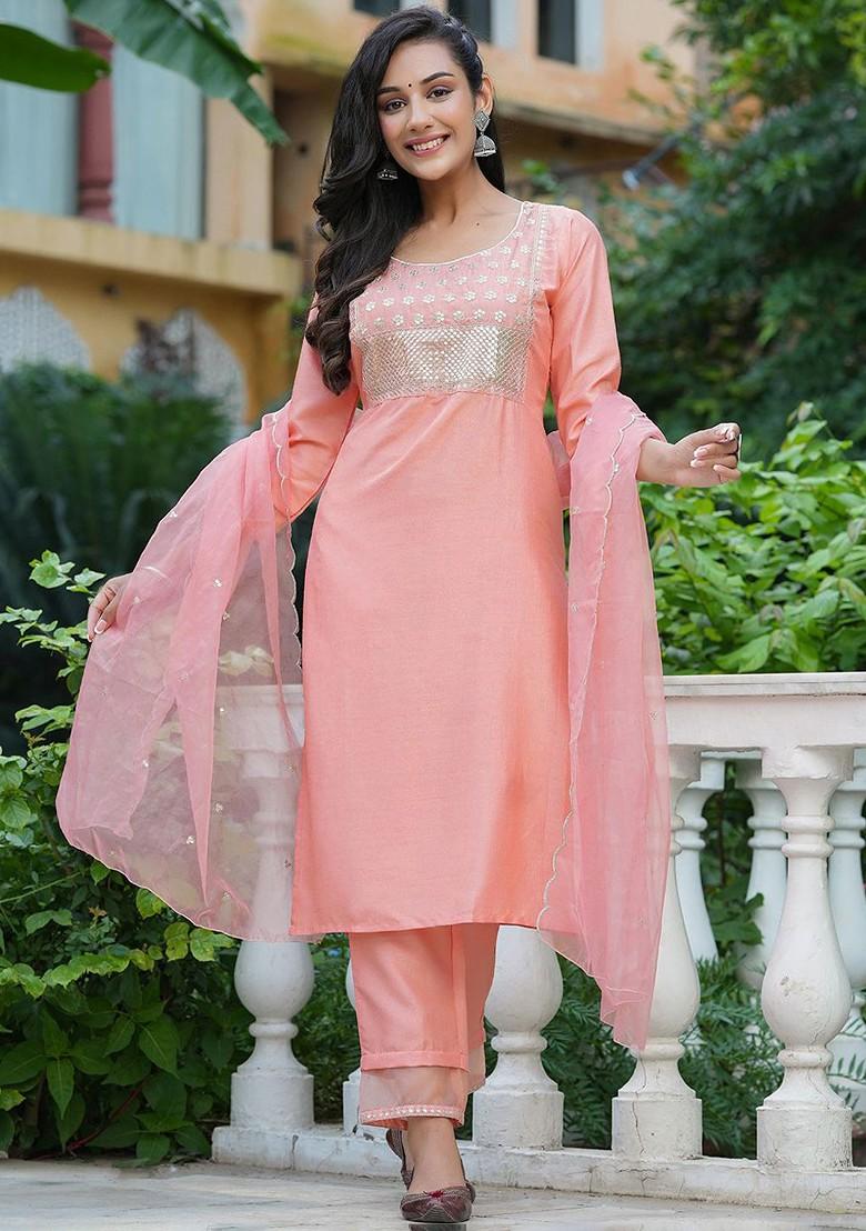 Peach Embroidered Poly Blended Kurta Sets - Indya