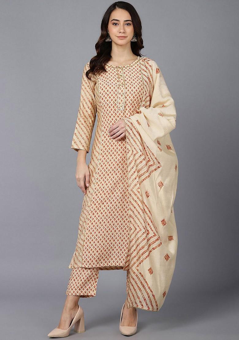 Cream Embroidered Poly Blended Kurta Sets