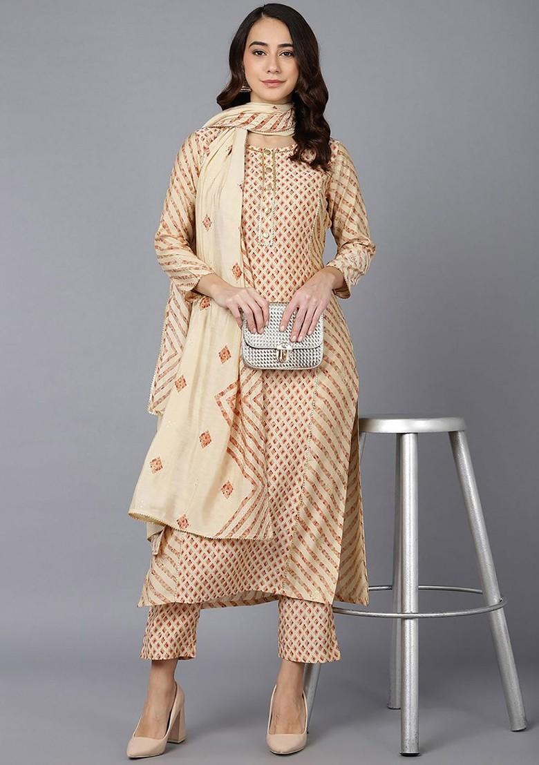 Cream Embroidered Poly Blended Kurta Sets