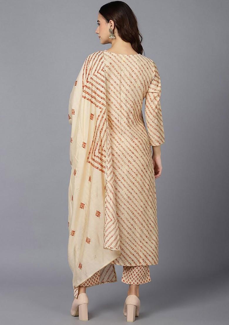 Cream Embroidered Poly Blended Kurta Sets