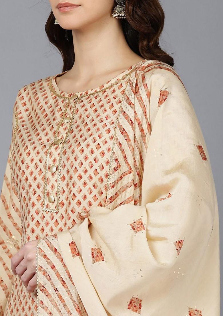 Cream Embroidered Poly Blended Kurta Sets