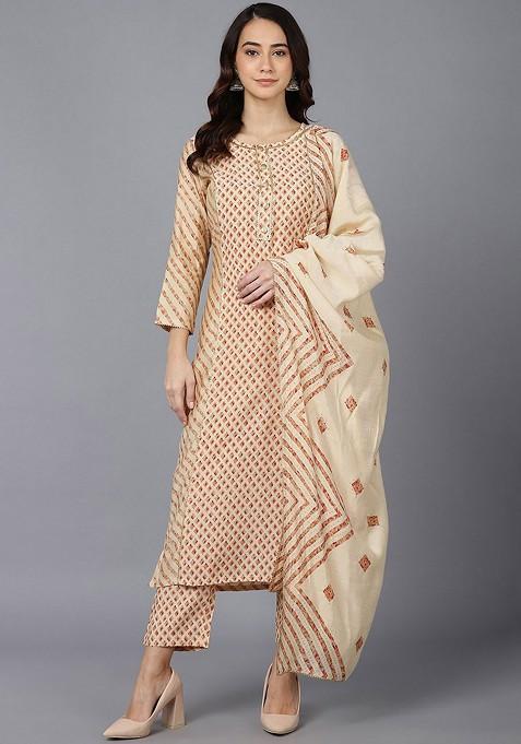 Cream Embroidered Poly Blended Kurta Sets