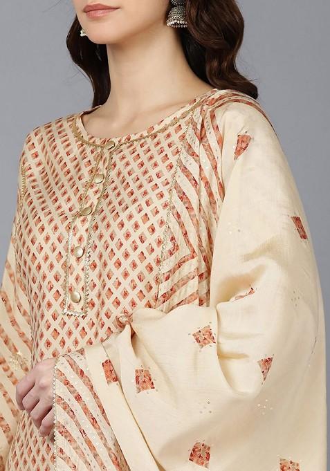 Cream Embroidered Poly Blended Kurta Sets