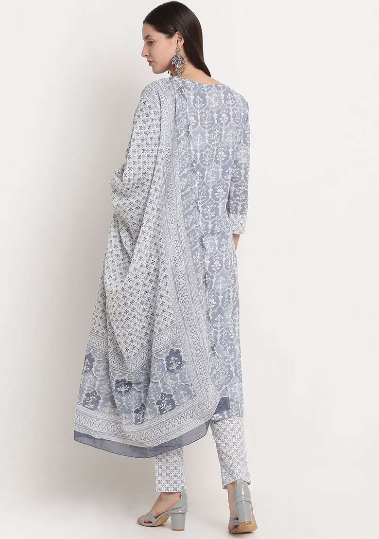 Grey Embroidered Poly Blended Kurta Sets - Indya