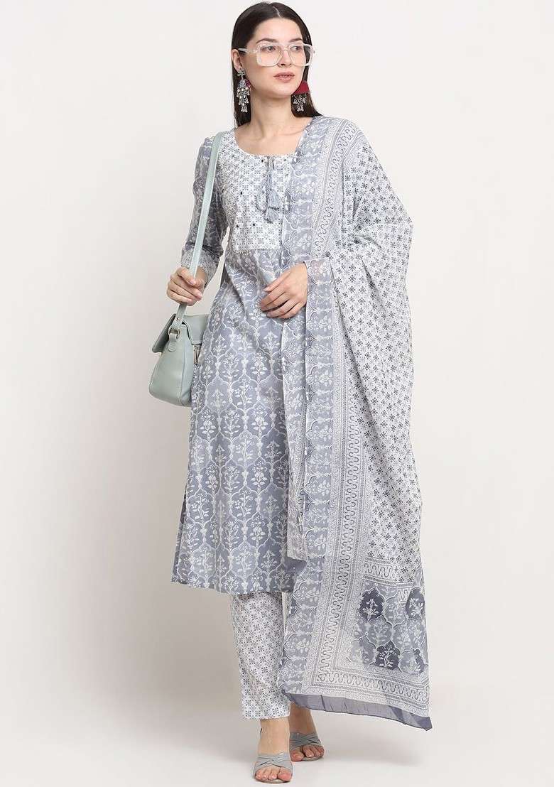 Grey Embroidered Poly Blended Kurta Sets - Indya