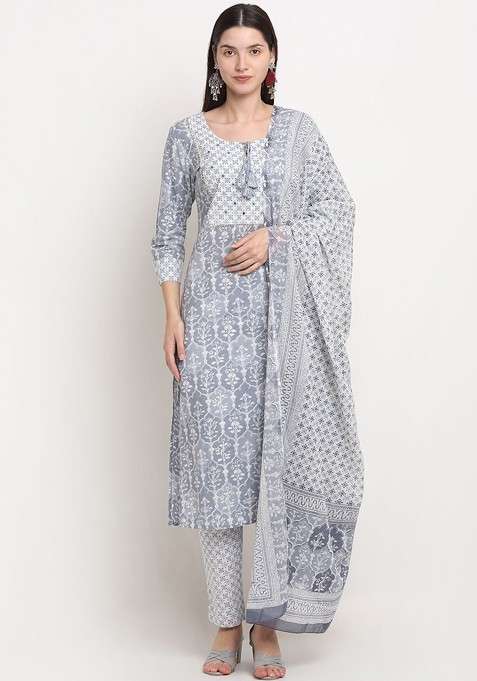Grey Embroidered Poly Blended Kurta Sets
