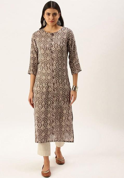 Brown Embroidered Poly Blended Kurtas