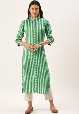 Green Embroidered Poly Blended Kurtas