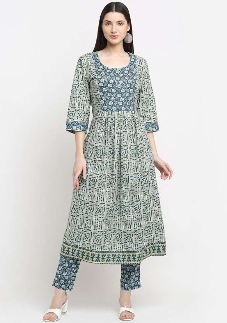 Grey Embroidered Poly Blended Kurta Sets - Indya