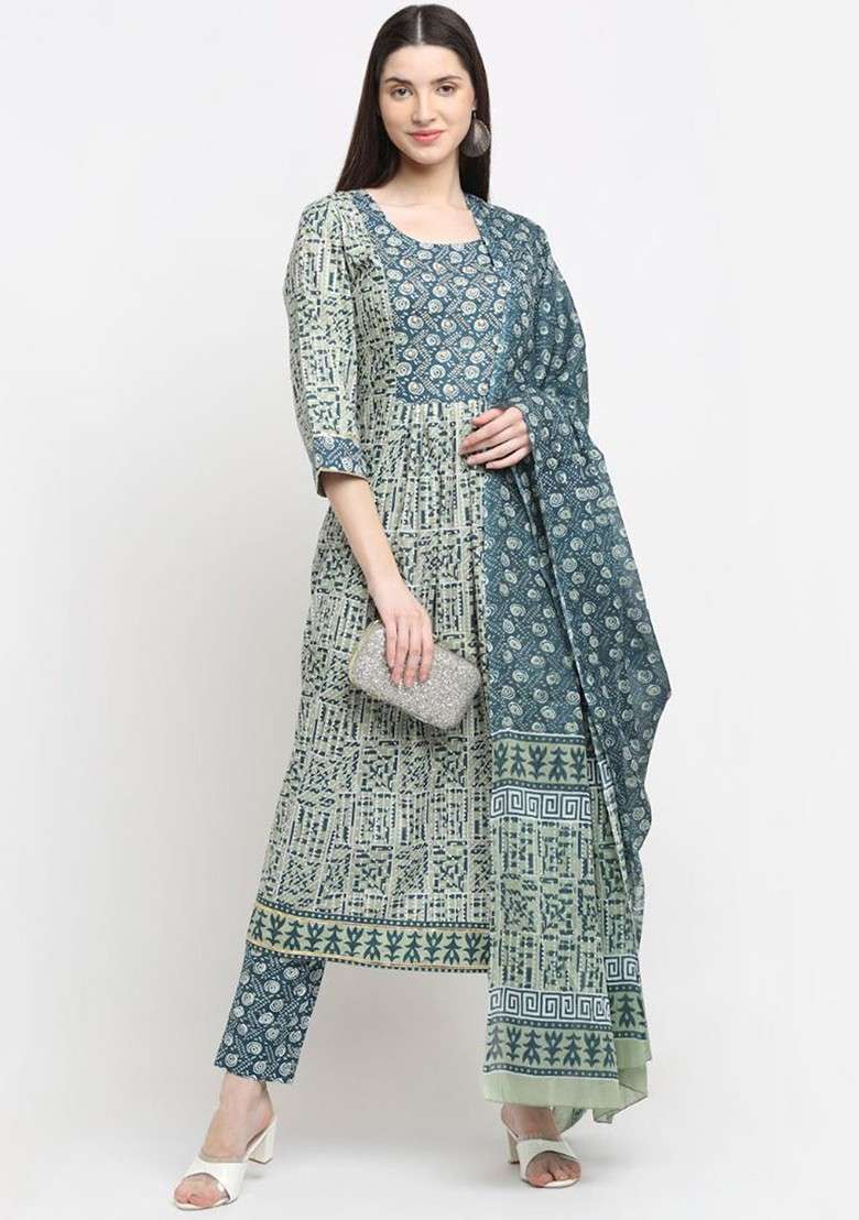 Grey Embroidered Poly Blended Kurta Sets - Indya