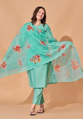 Turquoise Blue Embroidered Poly Blended Kurta Sets