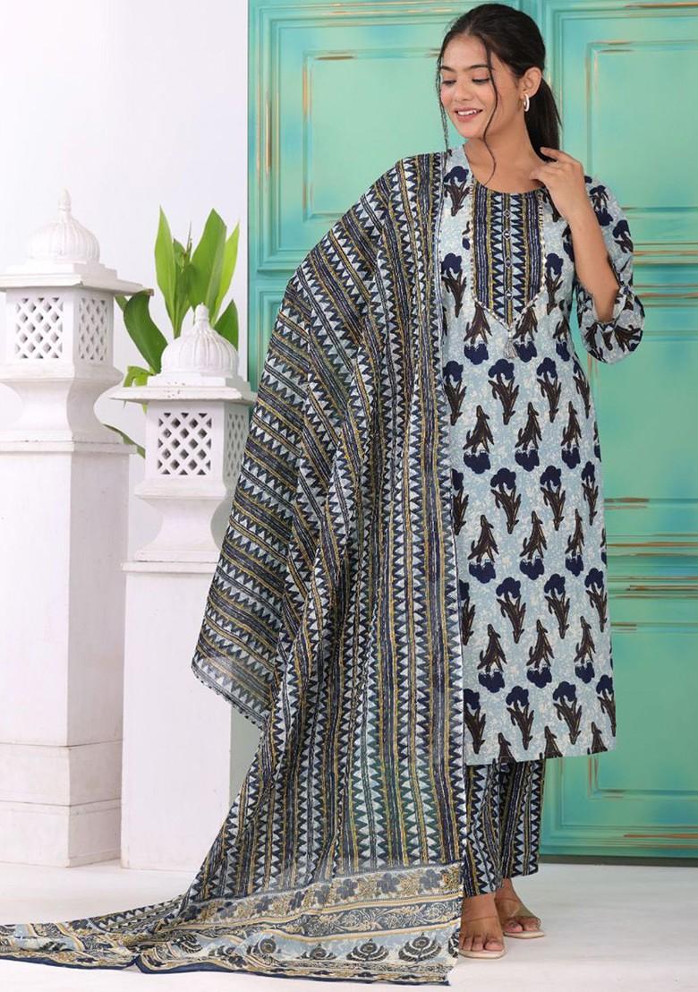 Blue Embroidered Poly Blended Kurta Sets - Indya