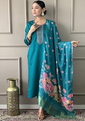 Turquoise Blue Embroidered Poly Blended Kurta Sets