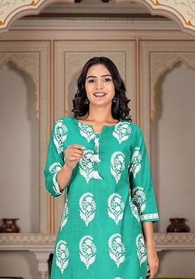 Teal Embroidered Poly Blended Kurta Sets