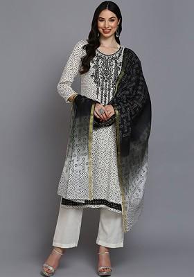 Off White Embroidered Poly Blended Kurta Sets