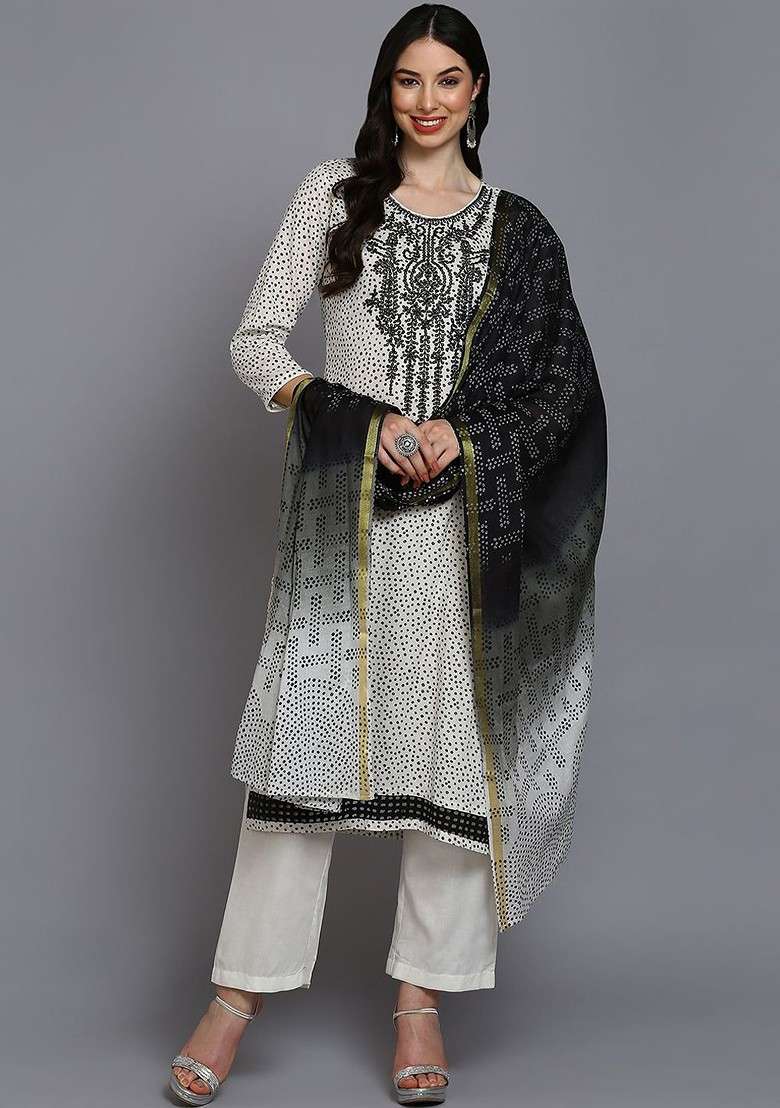 Off White Embroidered Poly Blended Kurta Sets - Indya