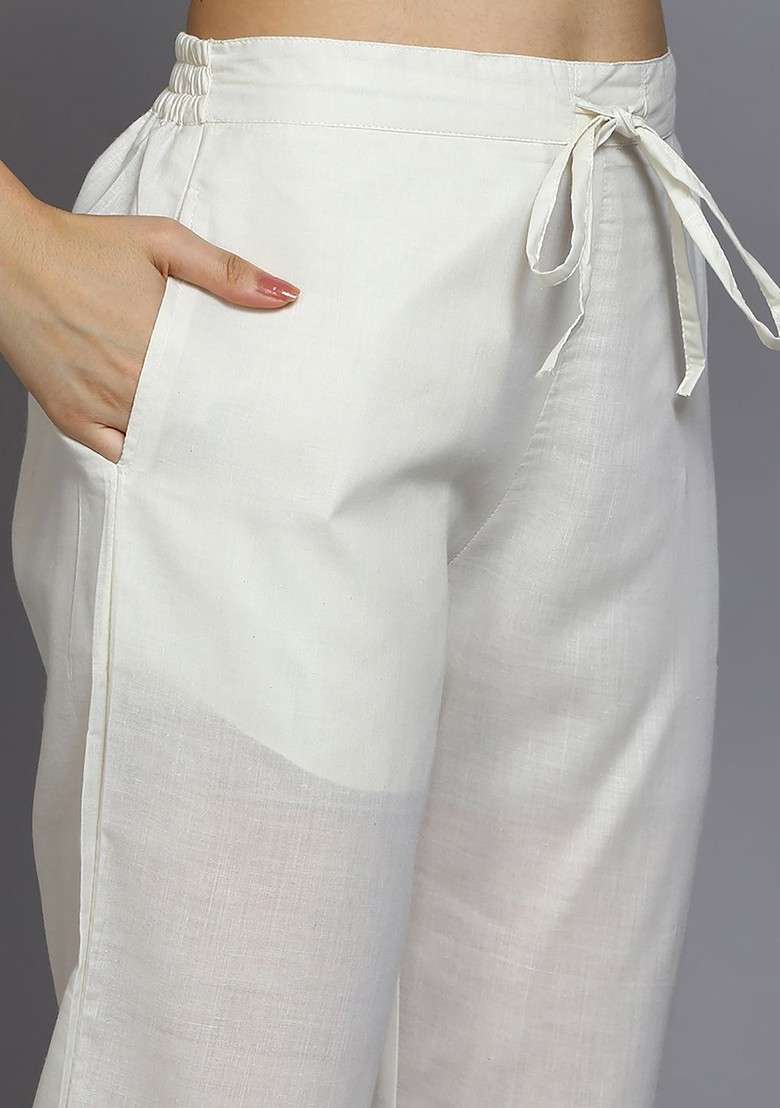 Off White Embroidered Poly Blended Kurta Sets - Indya