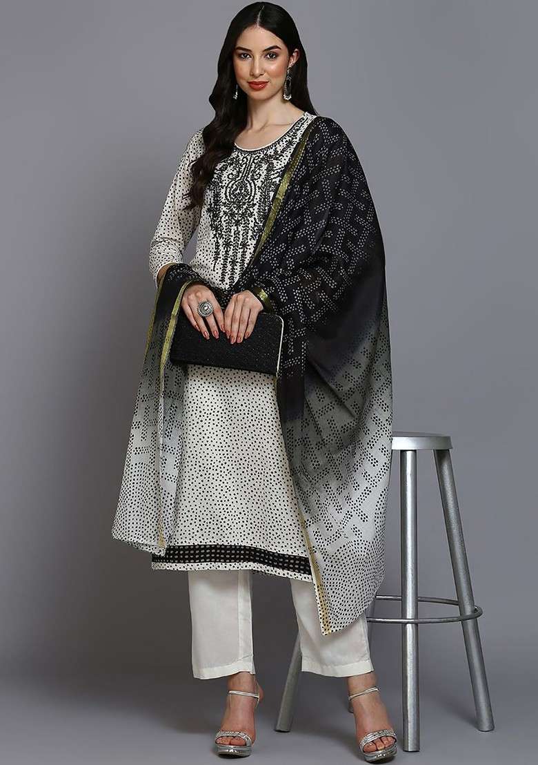 Off White Embroidered Poly Blended Kurta Sets - Indya