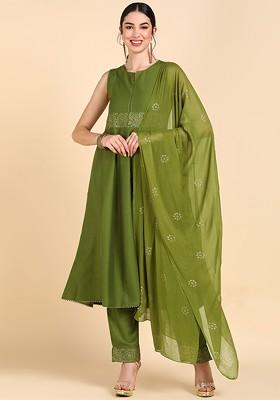 Olive Embroidered Poly Blended Kurta Sets