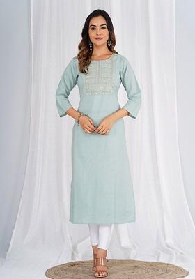 Grey Embroidered Poly Blended Kurtas