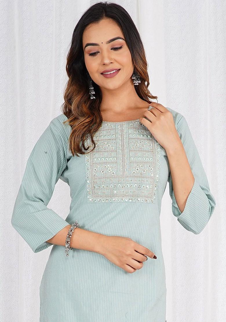 Grey Embroidered Poly Blended Kurtas - Indya