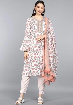 Off White Embroidered Poly Blended Kurta Sets