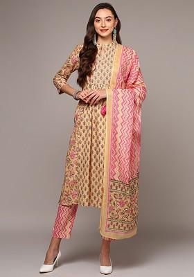 Cream Embroidered Poly Blended Kurta Sets