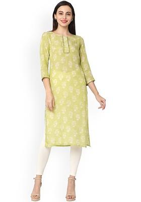 Green Embroidered Poly Blended Kurtas