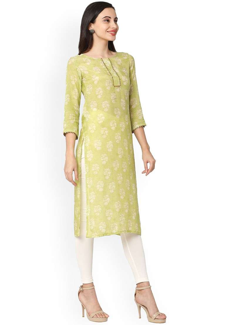 Green Embroidered Poly Blended Kurtas - Indya