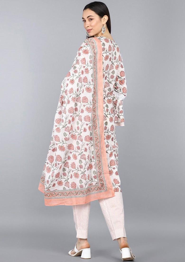 Off White Embroidered Poly Blended Kurta Sets - Indya