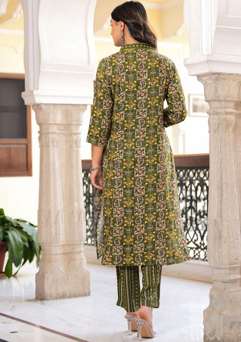 Green Embroidered Poly Blended Kurta Sets - Indya