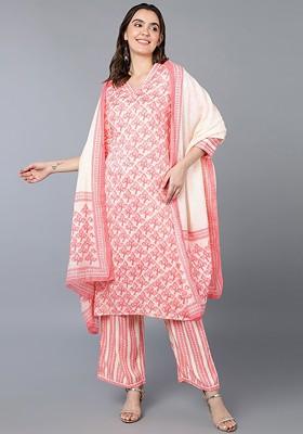 Beige Embroidered Poly Blended Kurta Sets