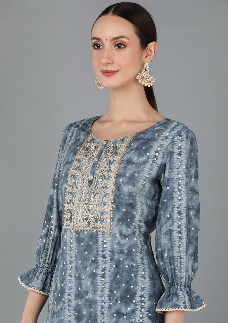 Charcoal Embroidered Poly Blended Kurta Sets - Indya