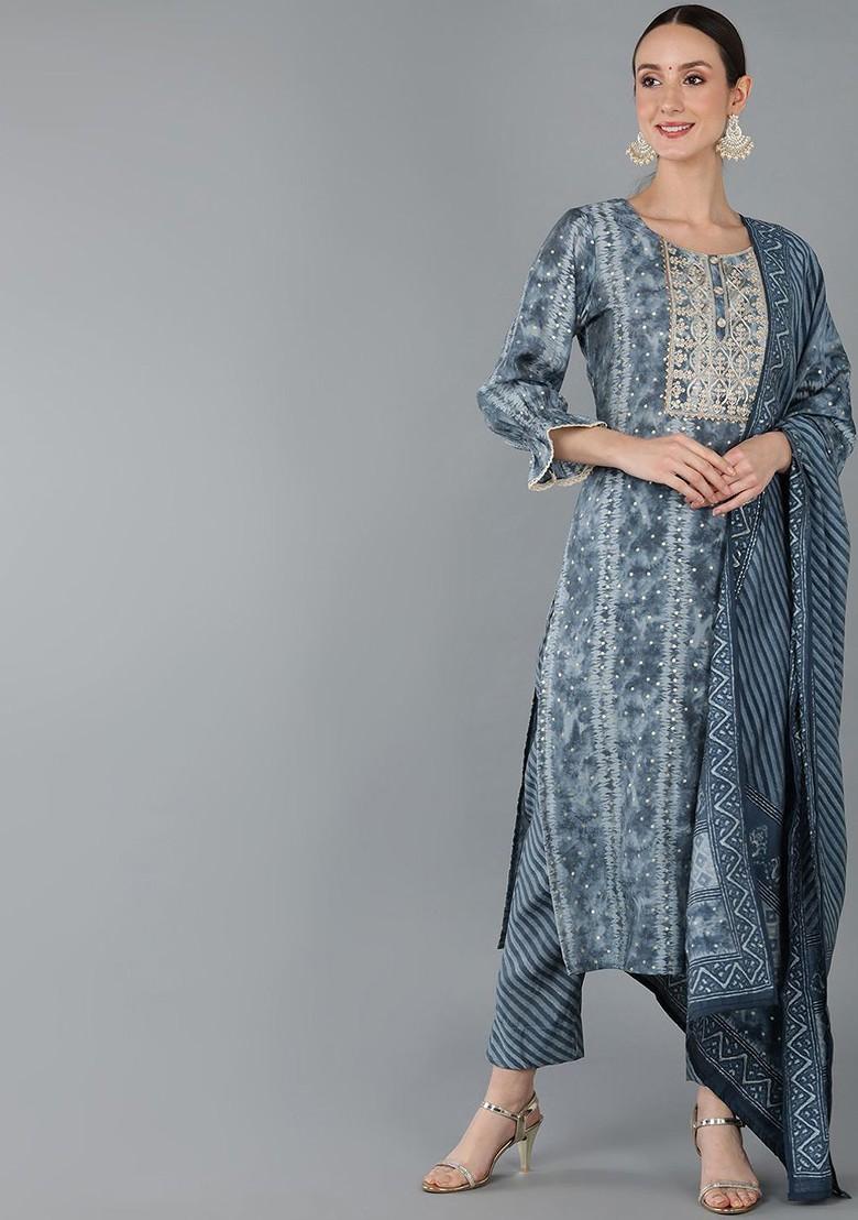 Charcoal Embroidered Poly Blended Kurta Sets - Indya