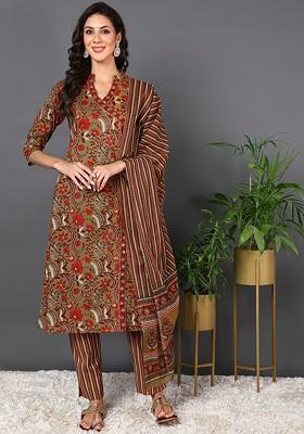 Brown Embroidered Poly Blended Kurta Sets