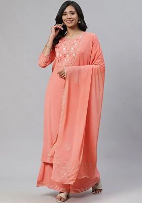 Peach Embroidered Poly Blended Kurta Sets