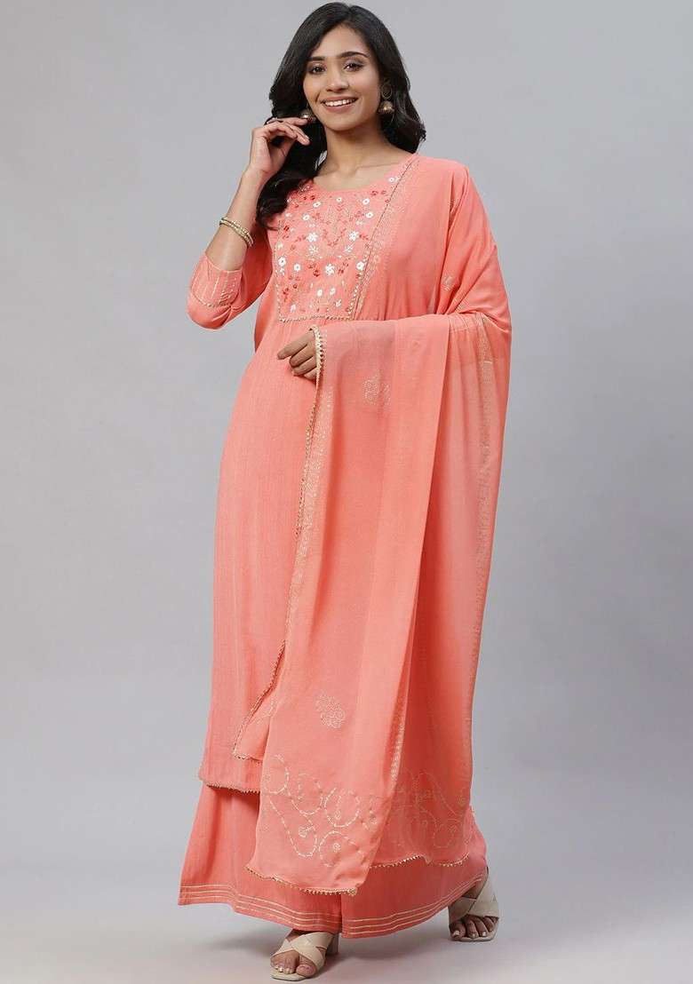 Peach Embroidered Poly Blended Kurta Sets - Indya