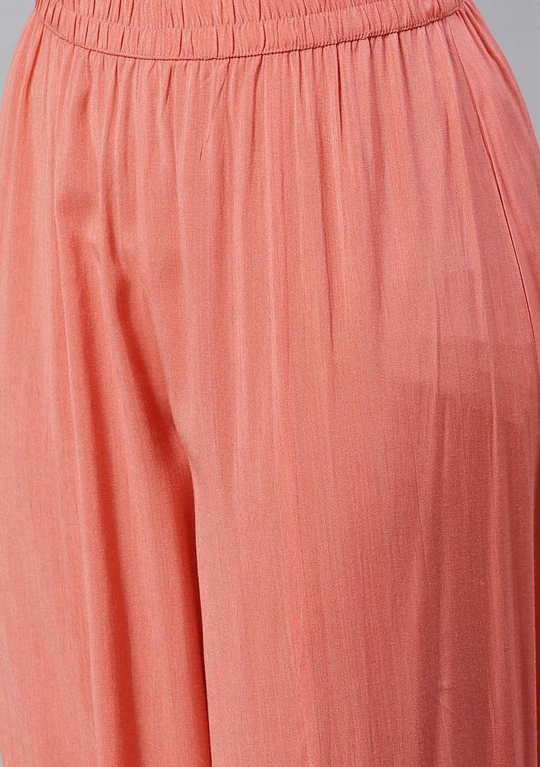 Peach Embroidered Poly Blended Kurta Sets - Indya