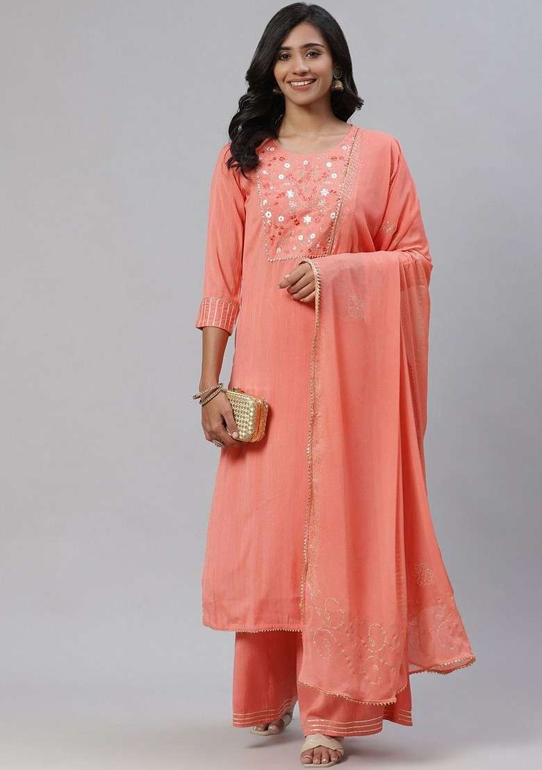 Peach Embroidered Poly Blended Kurta Sets - Indya