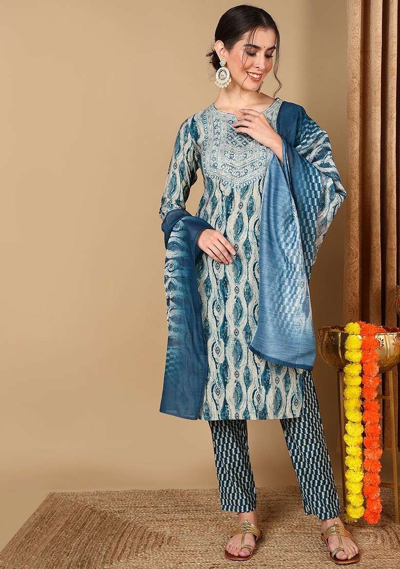 Grey Embroidered Poly Blended Kurta Sets - Indya