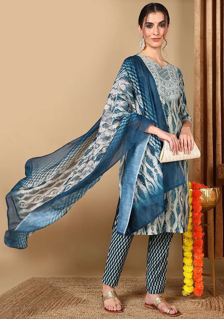 Grey Embroidered Poly Blended Kurta Sets - Indya