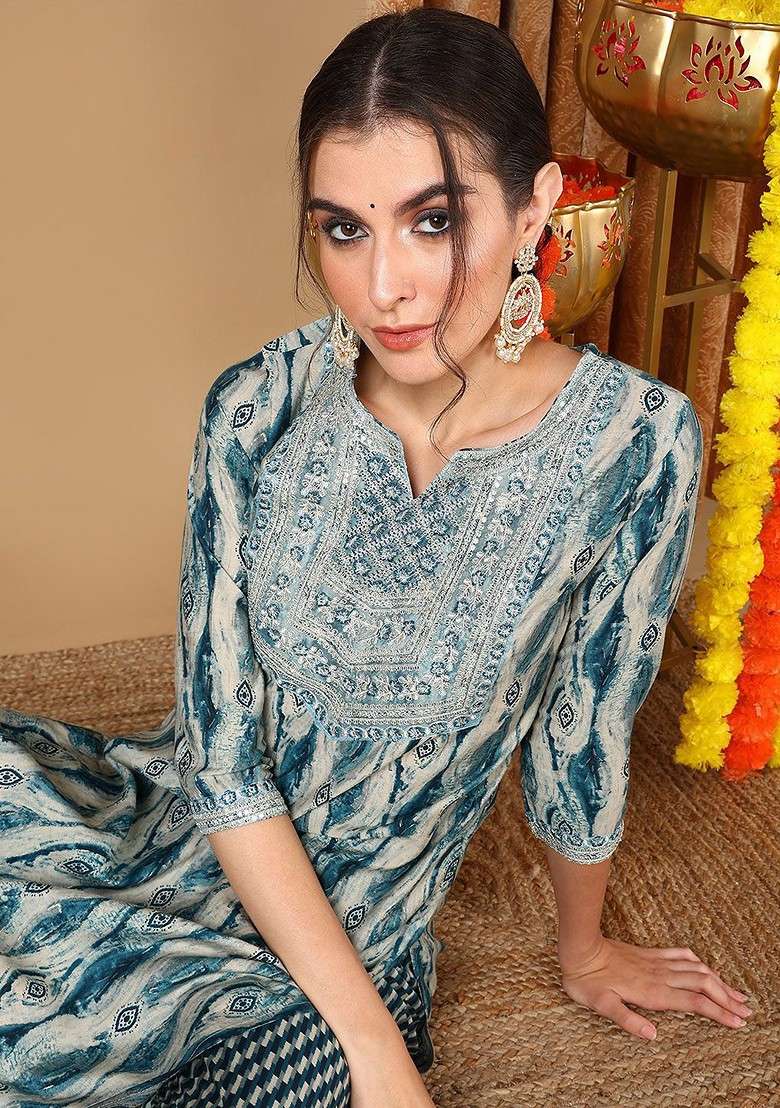 Grey Embroidered Poly Blended Kurta Sets - Indya