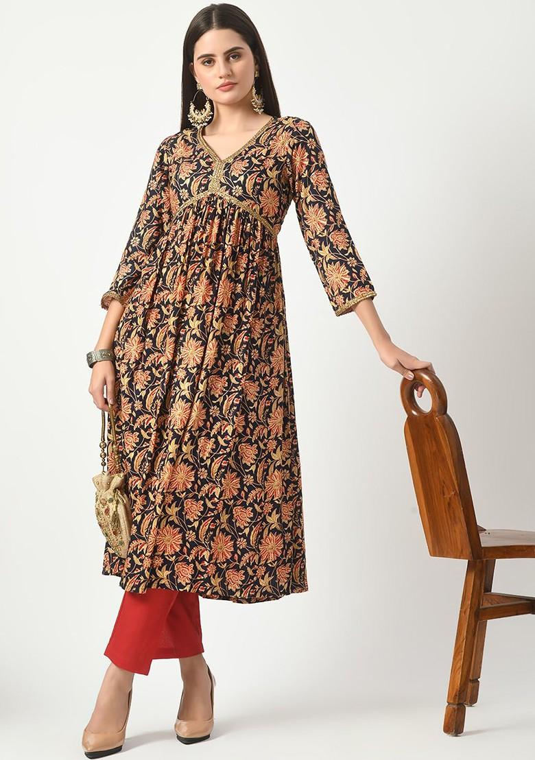 Blue Embroidered Poly Blended Kurta Sets - Indya