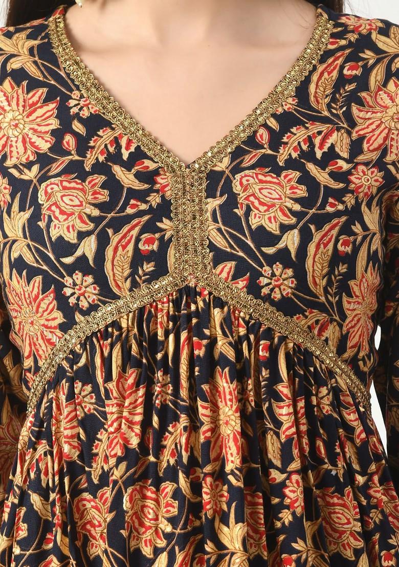 Blue Embroidered Poly Blended Kurta Sets - Indya