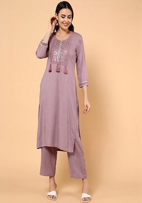 Mauve Embroidered Poly Blended Kurta Sets