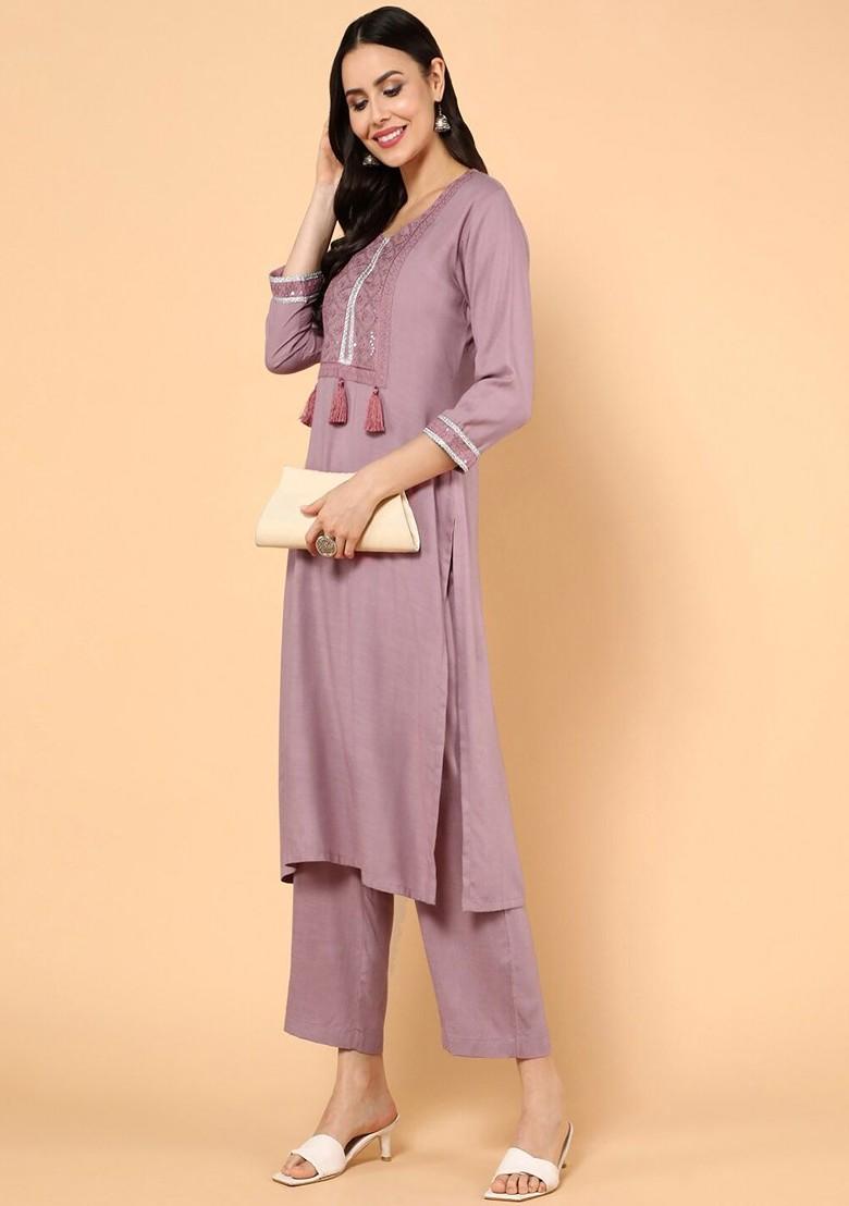 Mauve Embroidered Poly Blended Kurta Sets - Indya