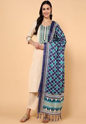 Beige Embroidered Poly Blended Kurta Sets