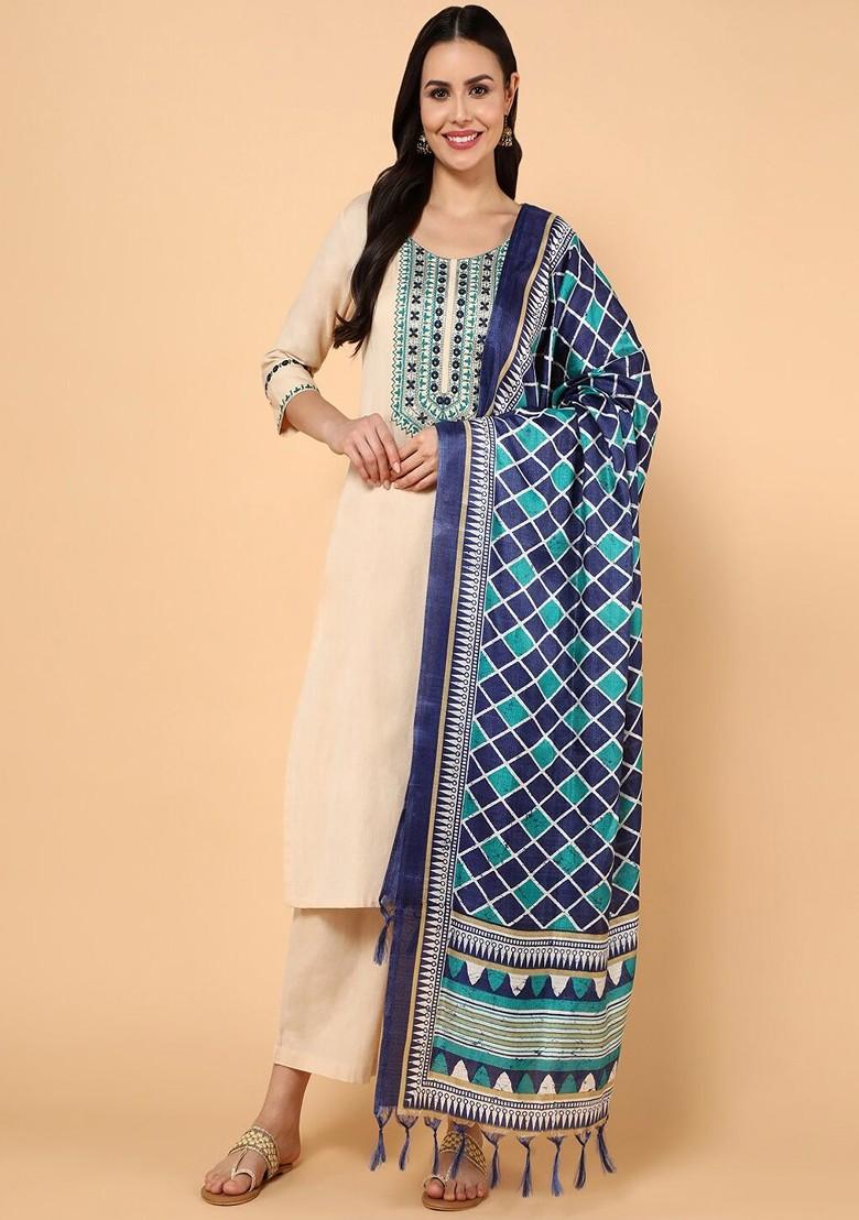 Beige Embroidered Poly Blended Kurta Sets - Indya