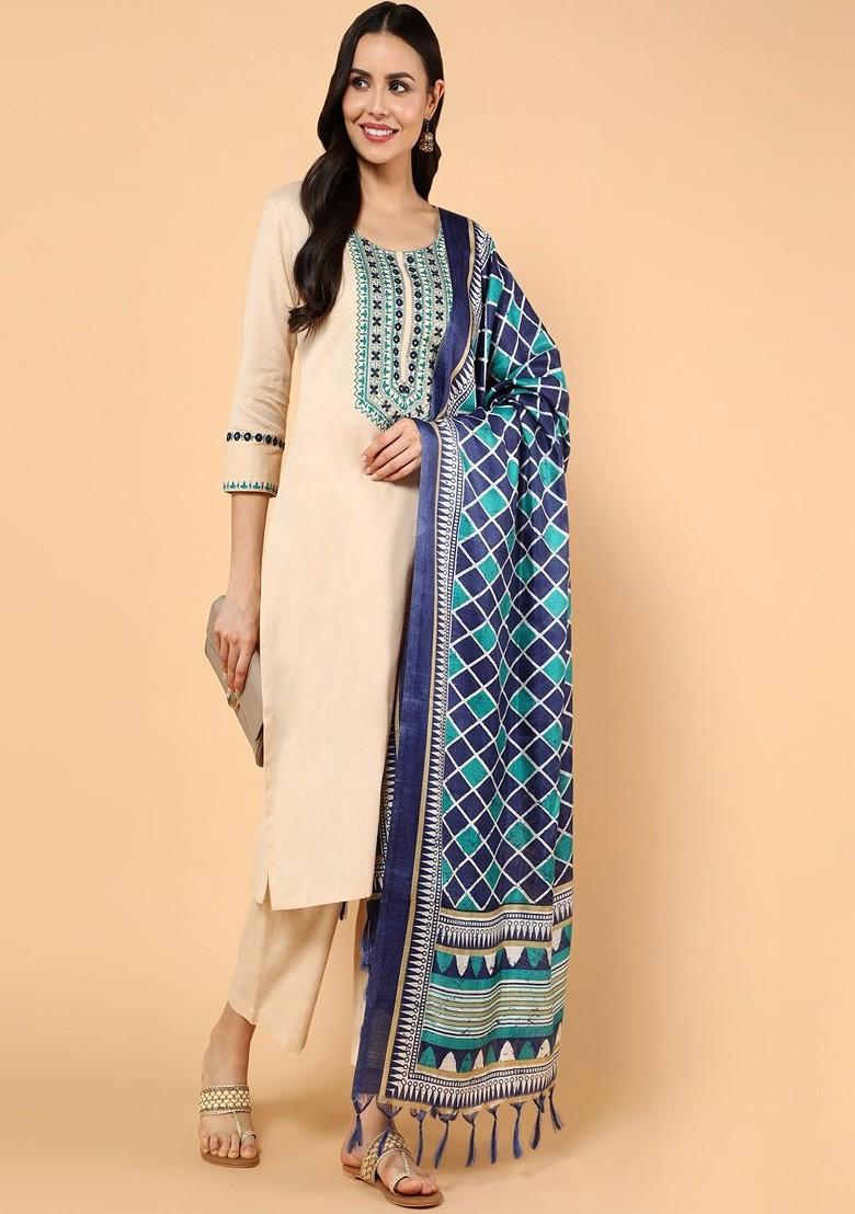 Beige Embroidered Poly Blended Kurta Sets - Indya