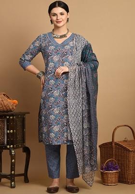 Grey Embroidered Poly Blended Kurta Sets